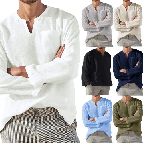 Men's Long Sleeve V Leisure Beach Linen Shirt Shirts Tops ST2103647