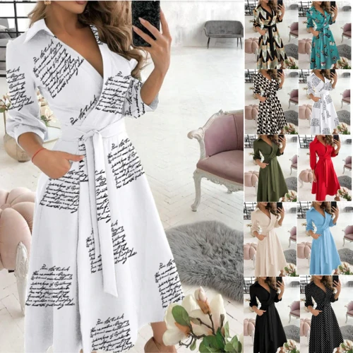 Women A-Line Wrap Print Long Sleeve V-Neck Dresses ST2101526