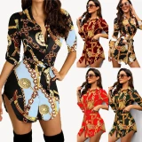 Ladies Fashion Printed Shirt Collar Dresses W980112B