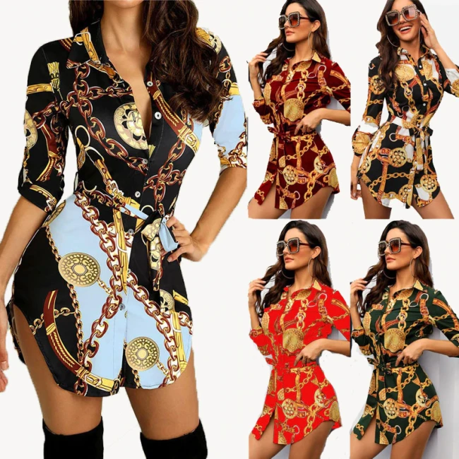 Ladies Fashion Printed Shirt Collar Dresses W980112B
