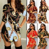 Ladies Fashion Printed Shirt Collar Dresses W980112B