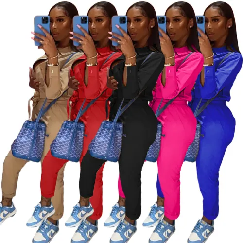 Women's Long-Sleeve Zipper Overalls Trousers With Belt L26475