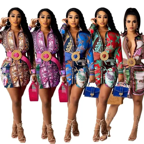 New African Turn-Down Collar Medium Length Loose Style Dresses CM215162