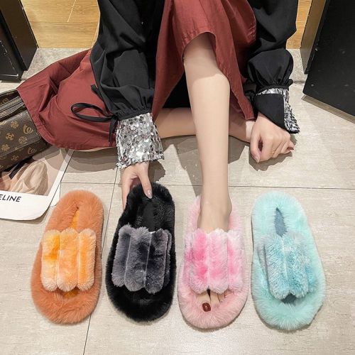 Women's Autumn and Winter Gradient Rabbit Fur Slippers K0112