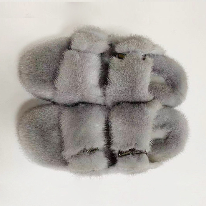 High quality Best Solid Pure Color Thick-Bottomed Mink Fur Double-Breasted Slippers