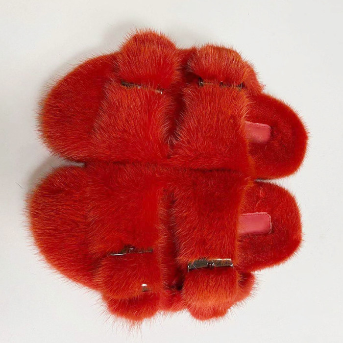 High quality Best Solid Pure Color Thick-Bottomed Mink Fur Double-Breasted Slippers