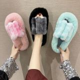 Women's Autumn and Winter Gradient Rabbit Fur Slippers K0112