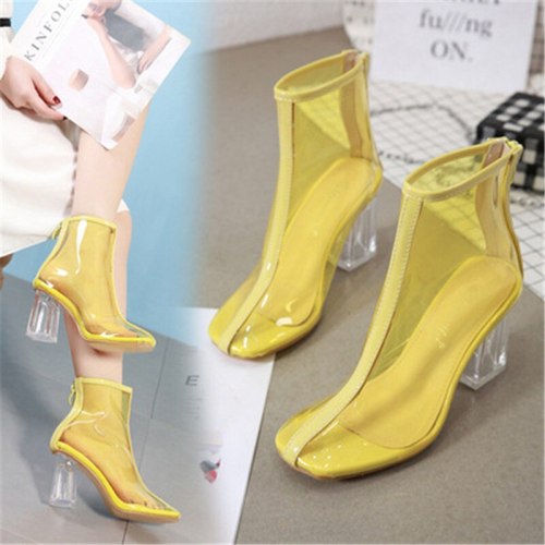 Women's Crystal Thick Heel Transparent Boots High Heels 656-78