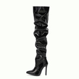 Women Pointed Patent Leather High-Barrel Black Boots 24434-12