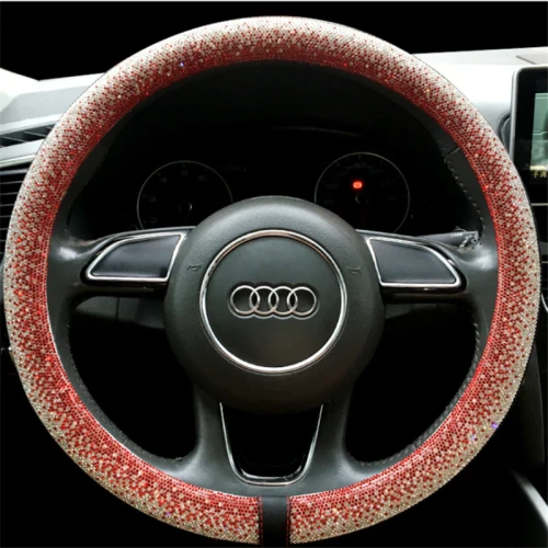 Women PU Leather Bling Crystal Diamond Car Steering Wheel Covers 999991010