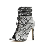 Women Peep Toe Stiletto Lace Up Style Sexy Snake Print Boots Thin High Heels LZ-00213