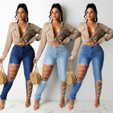 Autumn and Winter Women's Fashion Creative Bandage Jeans Pants PD950617