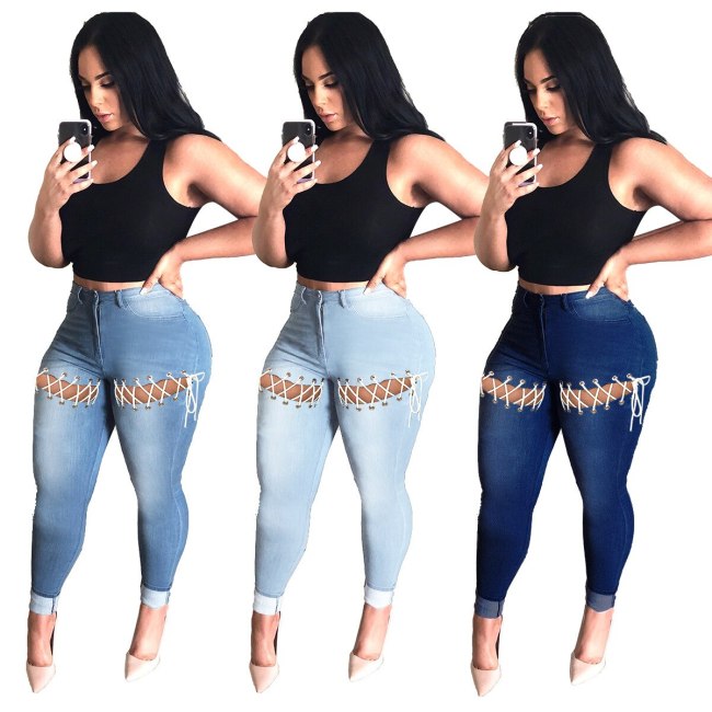 Women's Fashion Creative Bandage Jeans Pant Pants PT881627