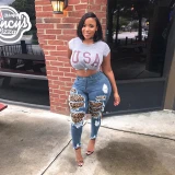 Women Stretch Skinny Hole High Waist Ripped Jeans Pencil Pants PT828697