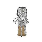 Women Peep Toe Stiletto Lace Up Style Sexy Snake Print Boots Thin High Heels LZ-00213