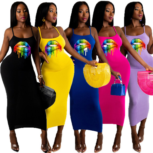 Summer Women Lip Pattern Multicolor Printing Sleeveless Dresses BL02132