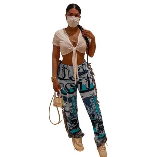 Women's Fashion Trend Hip Hop Strip Running Water Printing Long Pants HB403647