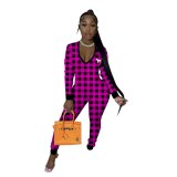 Women Plaid Printed Long Sleeve V-Neck Bodysuits Bodysuit Outfit Outfits FA803849