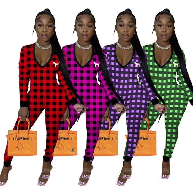 Women Plaid Printed Long Sleeve V-Neck Bodysuits Bodysuit Outfit Outfits FA803849