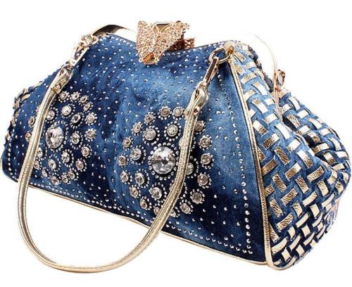Women's Diamond-Studded Denim Canvas Woven Messenger Shoulder Handbags 65768