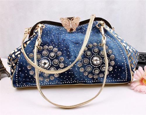 Women's Diamond-Studded Denim Canvas Woven Messenger Shoulder Handbags 65768