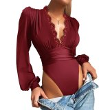 Simple Pure Color Deep V Neck Long Sleeve Sexy Bodysuits Bodysuit Outfit Outfits D125566