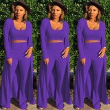 Women Knitted Long Sleeve High Crater Strip Three Pieces Sets K9294105