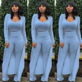 Women Knitted Long Sleeve High Crater Strip Three Pieces Sets K9294105