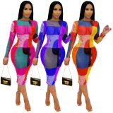 Sexy Mesh Sheer Print Long Sleeve Party Club Dresses K9929310