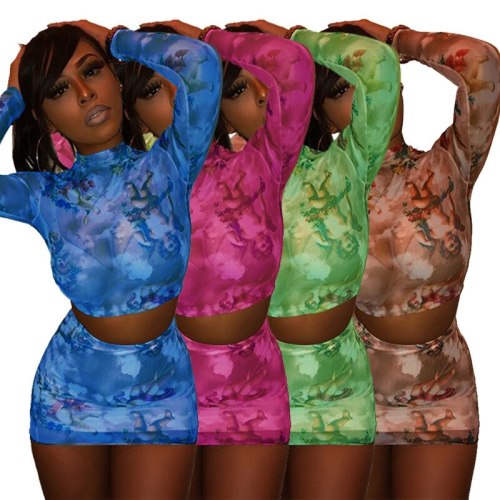 Women Dance Printed See-Through Two Pcs One Set Tops With Bottom Pants Outfit Outfits K957182