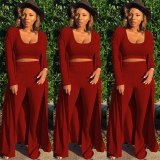 Women Knitted Long Sleeve High Crater Strip Three Pieces Sets K9294105