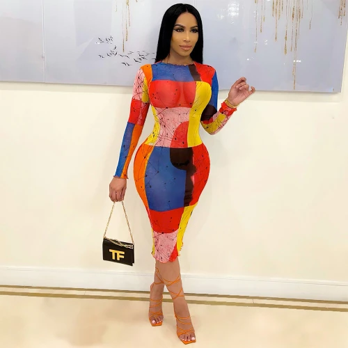 Sexy Mesh Sheer Print Long Sleeve Party Club Dresses K9929310