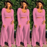 Women Knitted Long Sleeve High Crater Strip Three Pieces Sets K9294105