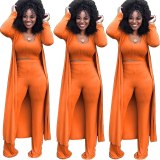 Women Knitted Long Sleeve High Crater Strip Three Pieces Sets K9294105