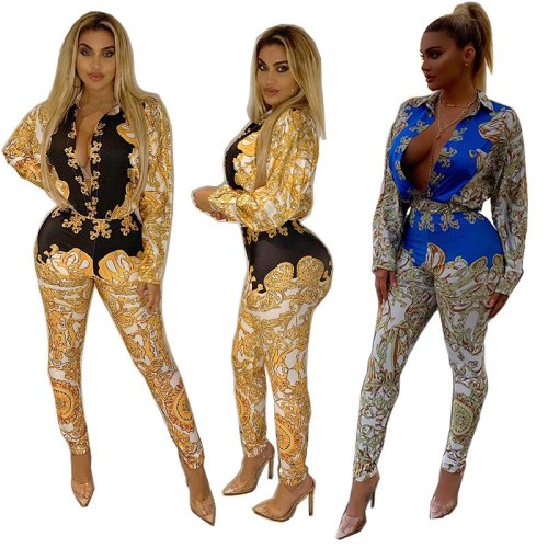 Fashion Printed Long Sleeve Sexy Two Pcs One Set Tops with Bottom Pants Outfit Outfits K9389910