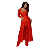 Women Strapless Lace See Through Sexy Cardigan Coat +Bodysuit+Long Pant 3 Piece Sets K922536