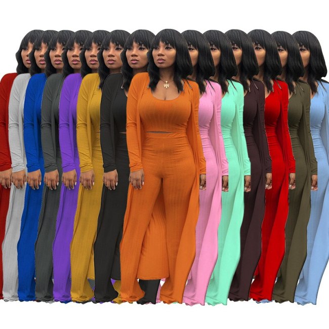 Women Knitted Long Sleeve High Crater Strip Three Pieces Sets K9294105