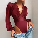 Simple Pure Color Deep V Neck Long Sleeve Sexy Bodysuits Bodysuit Outfit Outfits D125566