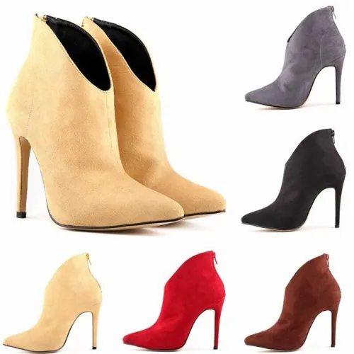 Women's Winter Flock Ankle Short Plush Basic Round Toe High 11CM Thin Heels Boots 76910-12