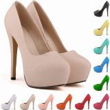 Women PU Slip On 14CM Round Toe Waterproof Thin Heels 8178-12