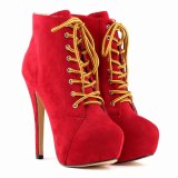 Women Winter Flock Lace-Up Ankle Basic Round Toe High 14CM Thin Heels 81910-12
