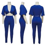 Women Sexy V-Neck Two pcs One Set Tops With Bottom Pants Outfit Outfits K972334