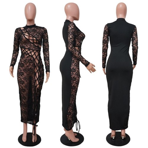 Women Party Sexy Lace Long Sleeve Mesh Dresses K9793104
