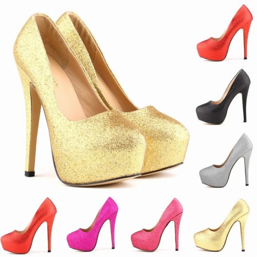Women Golden Shiny Leather PU Pointed Toe 14CM Thin High Heels 8178-12