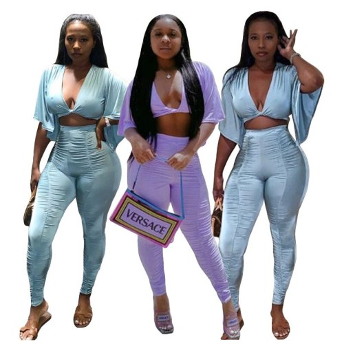 Women Sexy V-Neck Two pcs One Set Tops With Bottom Pants Outfit Outfits K972334