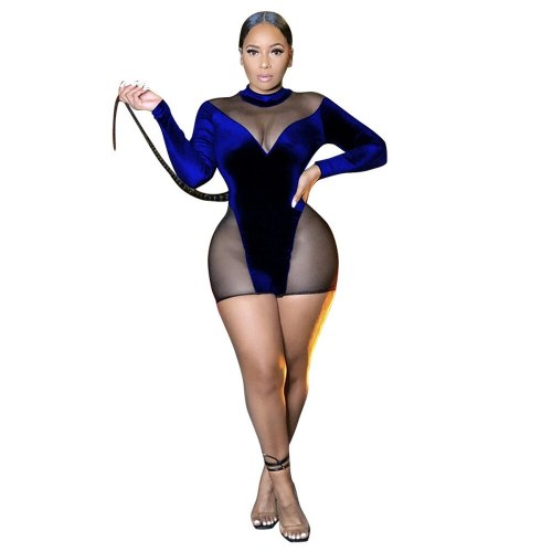 Women Sexy Sheer Mesh Velvet See-Through Bodysuits Bodysuit Outfit Outfits K9798109