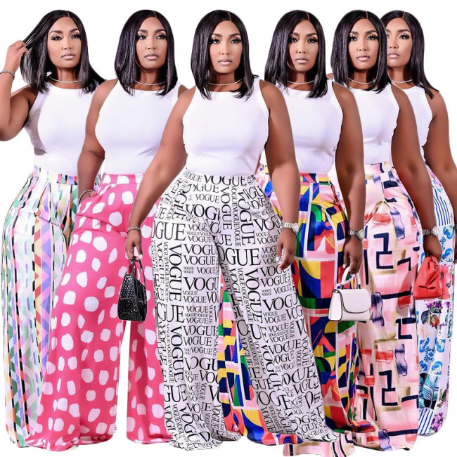 Women Large Size Letters Geometric Floral Print Stretch Waist Wide-Leg Pant Pants P510314