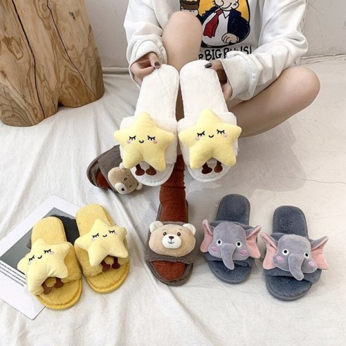 Women Open-Toe Fashion Animal Home Fur Slippers K1324