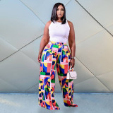 Women Large Size Letters Geometric Floral Print Stretch Waist Wide-Leg Pant Pants P510314