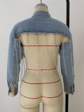Women Sexy Backless Blue Jeans Jacket Chain Coats 997108